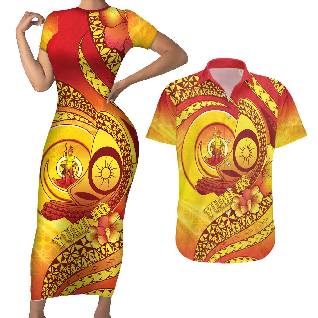 Vanuatu 46 Yia Indipendens Anivesari Couples Matching Short Sleeve Bodycon Dress and Hawaiian Shirt Tamtam Drum With Boar Tusk LT05 Yellow - Polynesian Pride