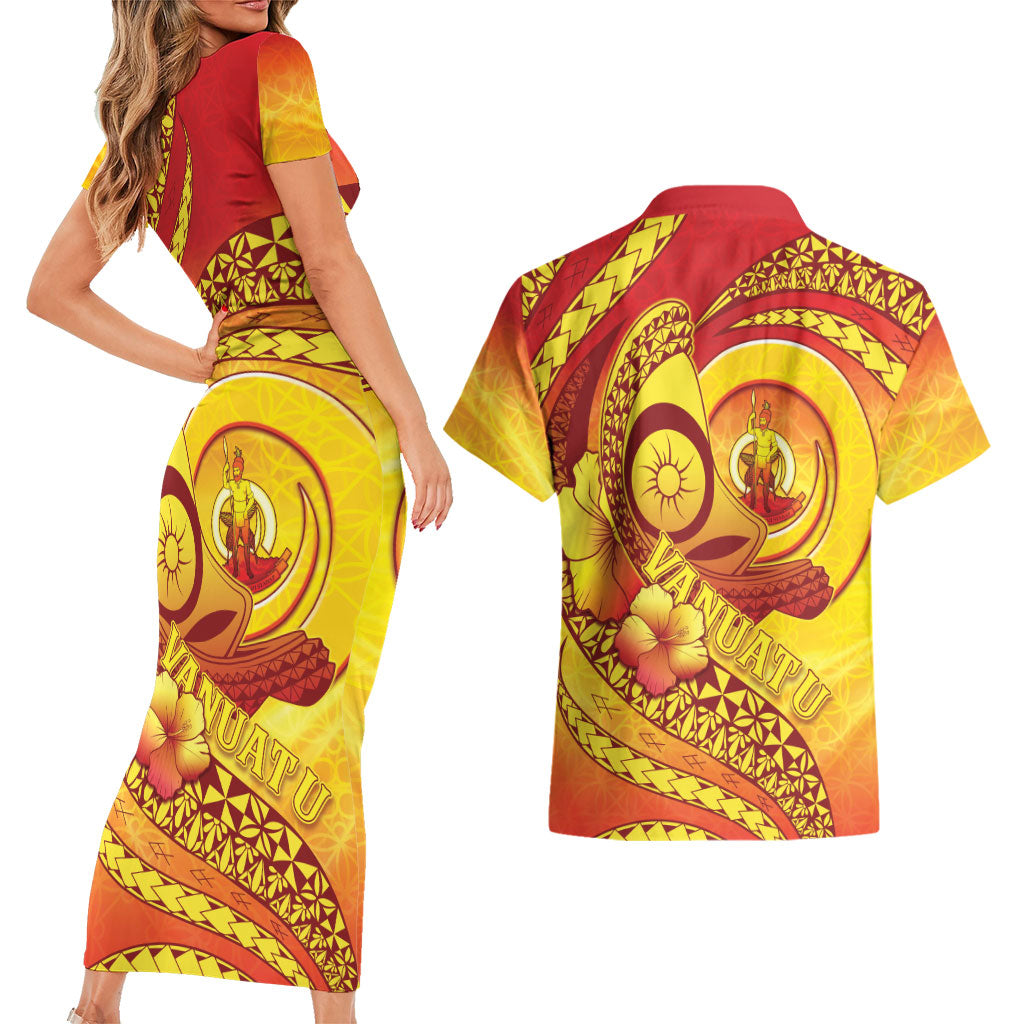 Vanuatu 46 Yia Indipendens Anivesari Couples Matching Short Sleeve Bodycon Dress and Hawaiian Shirt Tamtam Drum With Boar Tusk LT05 - Polynesian Pride