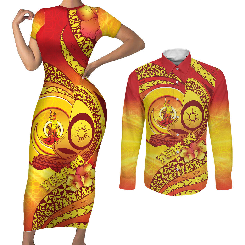 Vanuatu 46 Yia Indipendens Anivesari Couples Matching Short Sleeve Bodycon Dress and Long Sleeve Button Shirt Tamtam Drum With Boar Tusk LT05 Yellow - Polynesian Pride
