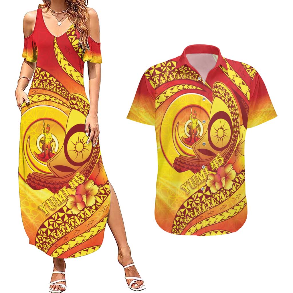 Vanuatu 45 Yia Indipendens Anivesari Couples Matching Summer Maxi Dress and Hawaiian Shirt Tamtam Drum With Boar Tusk LT05 Yellow - Polynesian Pride