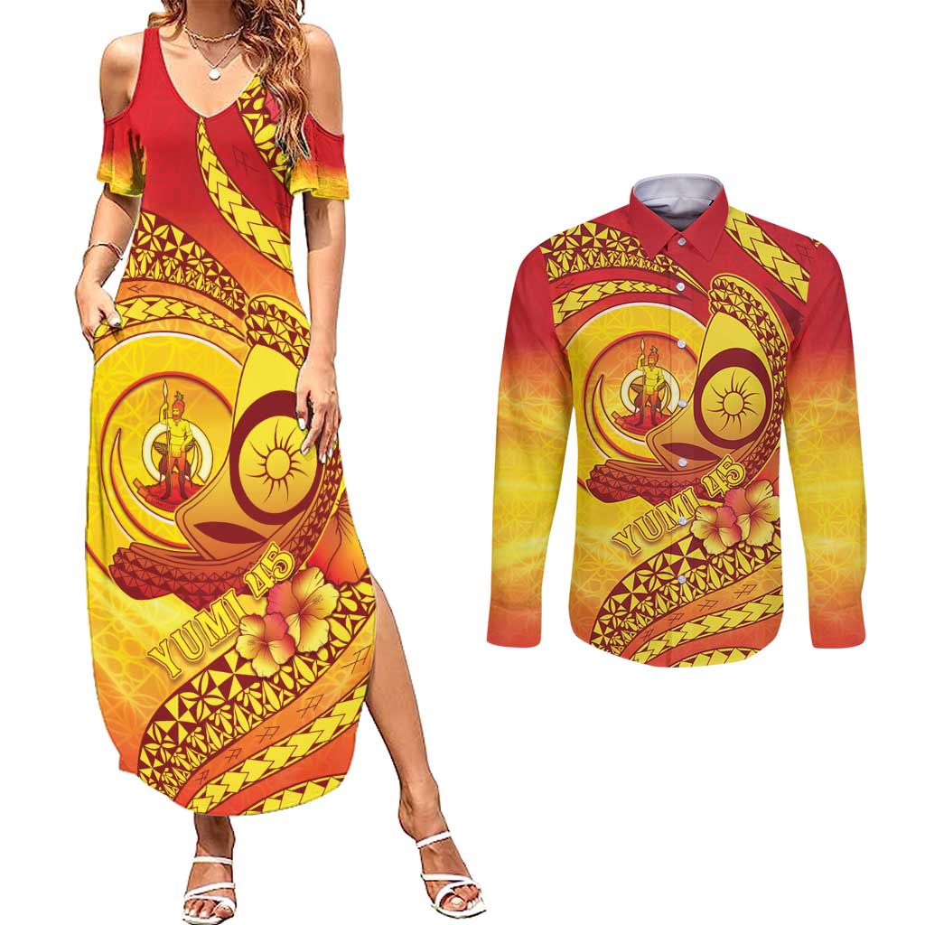 Vanuatu 45 Yia Indipendens Anivesari Couples Matching Summer Maxi Dress and Long Sleeve Button Shirt Tamtam Drum With Boar Tusk LT05 Yellow - Polynesian Pride