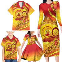 Vanuatu 46 Yia Indipendens Anivesari Family Matching Long Sleeve Bodycon Dress and Hawaiian Shirt Tamtam Drum With Boar Tusk LT05 - Polynesian Pride