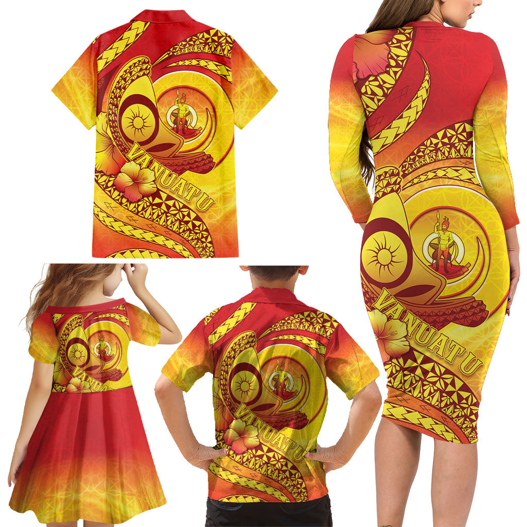 Vanuatu 46 Yia Indipendens Anivesari Family Matching Long Sleeve Bodycon Dress and Hawaiian Shirt Tamtam Drum With Boar Tusk LT05 - Polynesian Pride