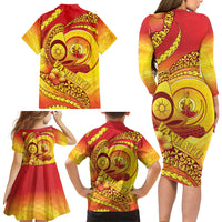 Vanuatu 46 Yia Indipendens Anivesari Family Matching Long Sleeve Bodycon Dress and Hawaiian Shirt Tamtam Drum With Boar Tusk LT05 - Polynesian Pride