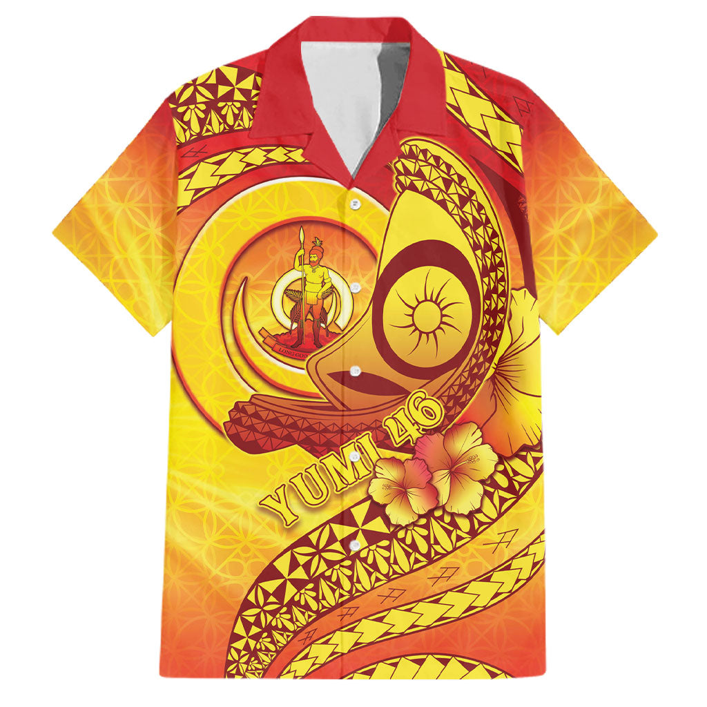 Vanuatu 46 Yia Indipendens Anivesari Family Matching Long Sleeve Bodycon Dress and Hawaiian Shirt Tamtam Drum With Boar Tusk LT05 Dad's Shirt - Short Sleeve Yellow - Polynesian Pride
