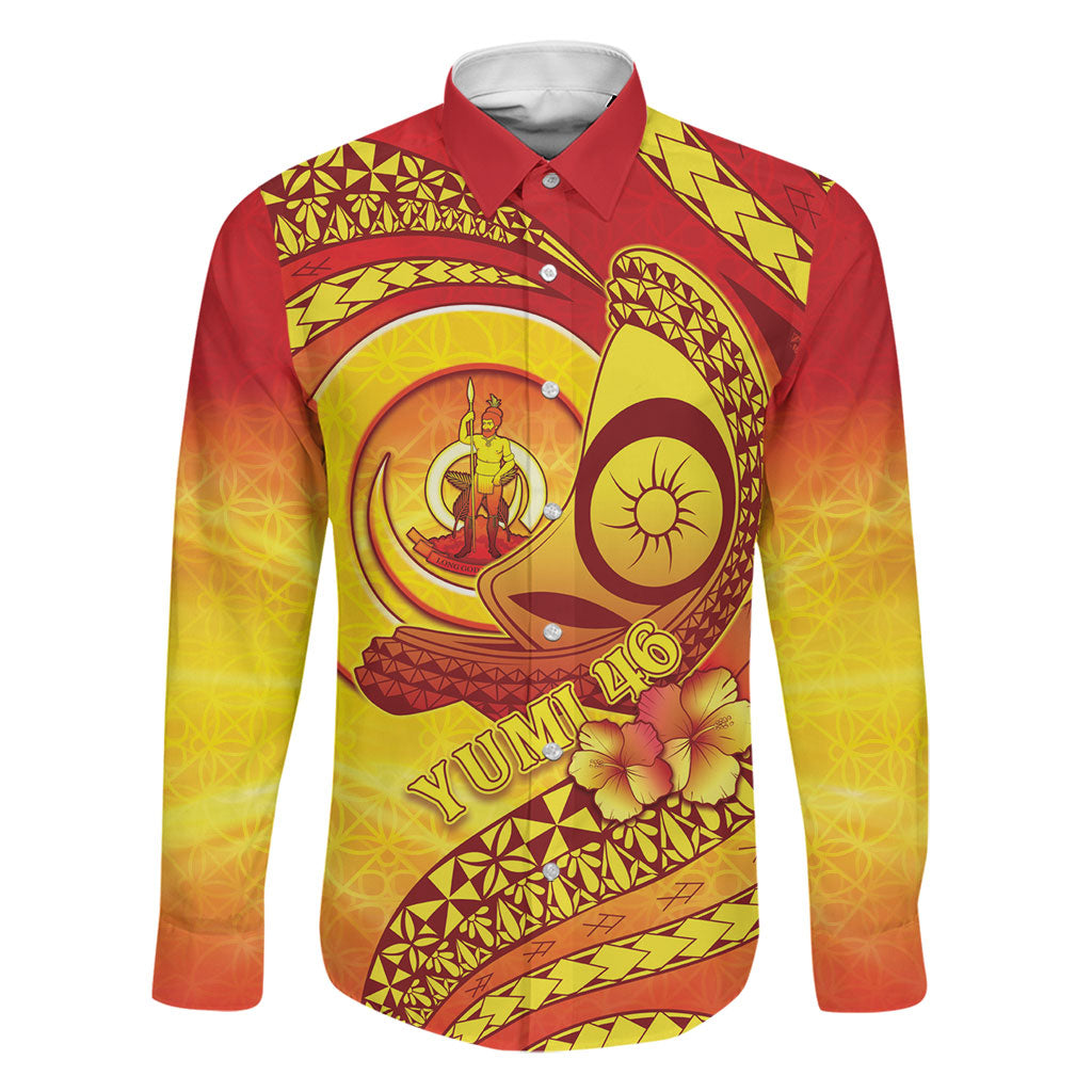Vanuatu 46 Yia Indipendens Anivesari Family Matching Long Sleeve Bodycon Dress and Hawaiian Shirt Tamtam Drum With Boar Tusk LT05 Dad's Shirt - Long Sleeve Yellow - Polynesian Pride