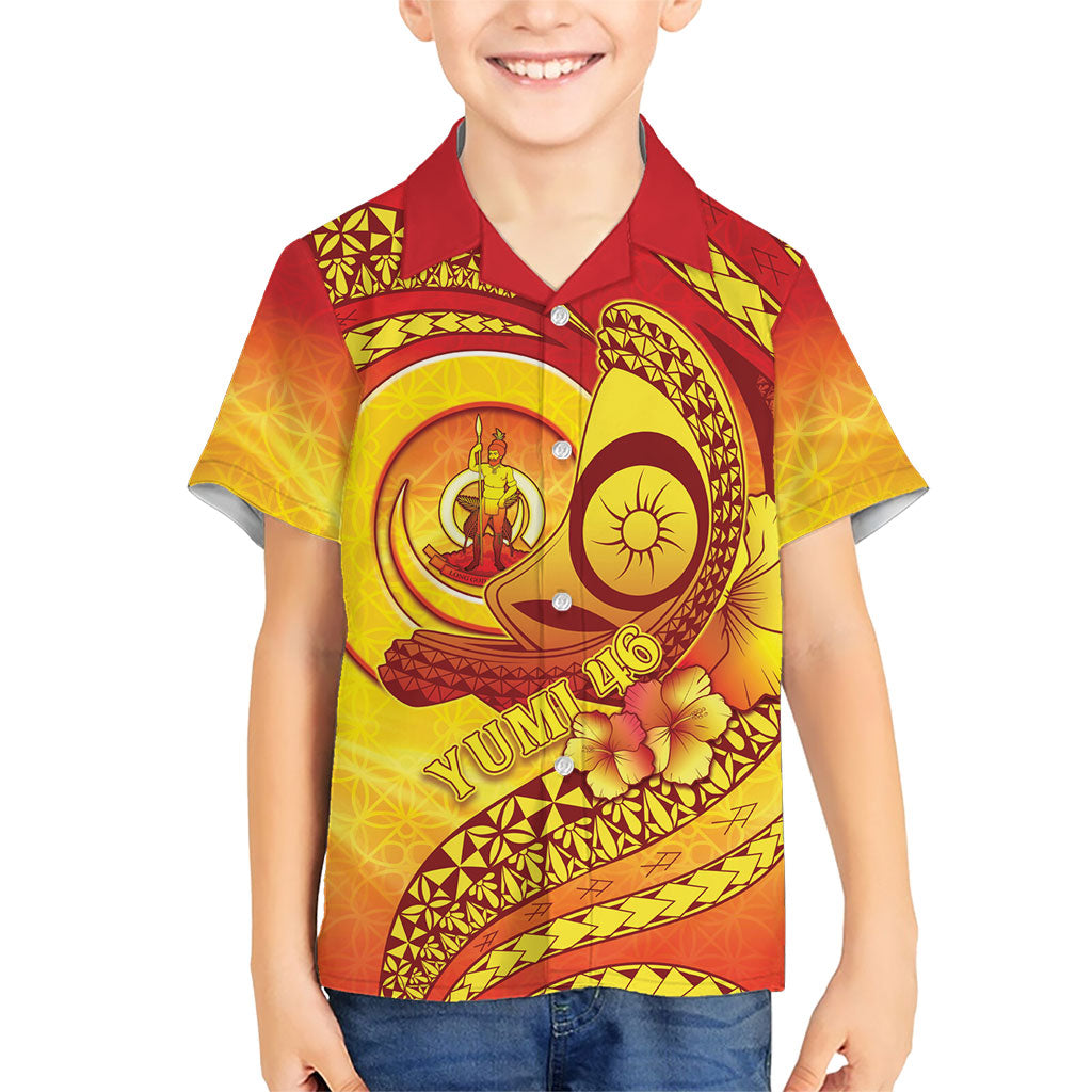 Vanuatu 46 Yia Indipendens Anivesari Family Matching Long Sleeve Bodycon Dress and Hawaiian Shirt Tamtam Drum With Boar Tusk LT05 Son's Shirt Yellow - Polynesian Pride