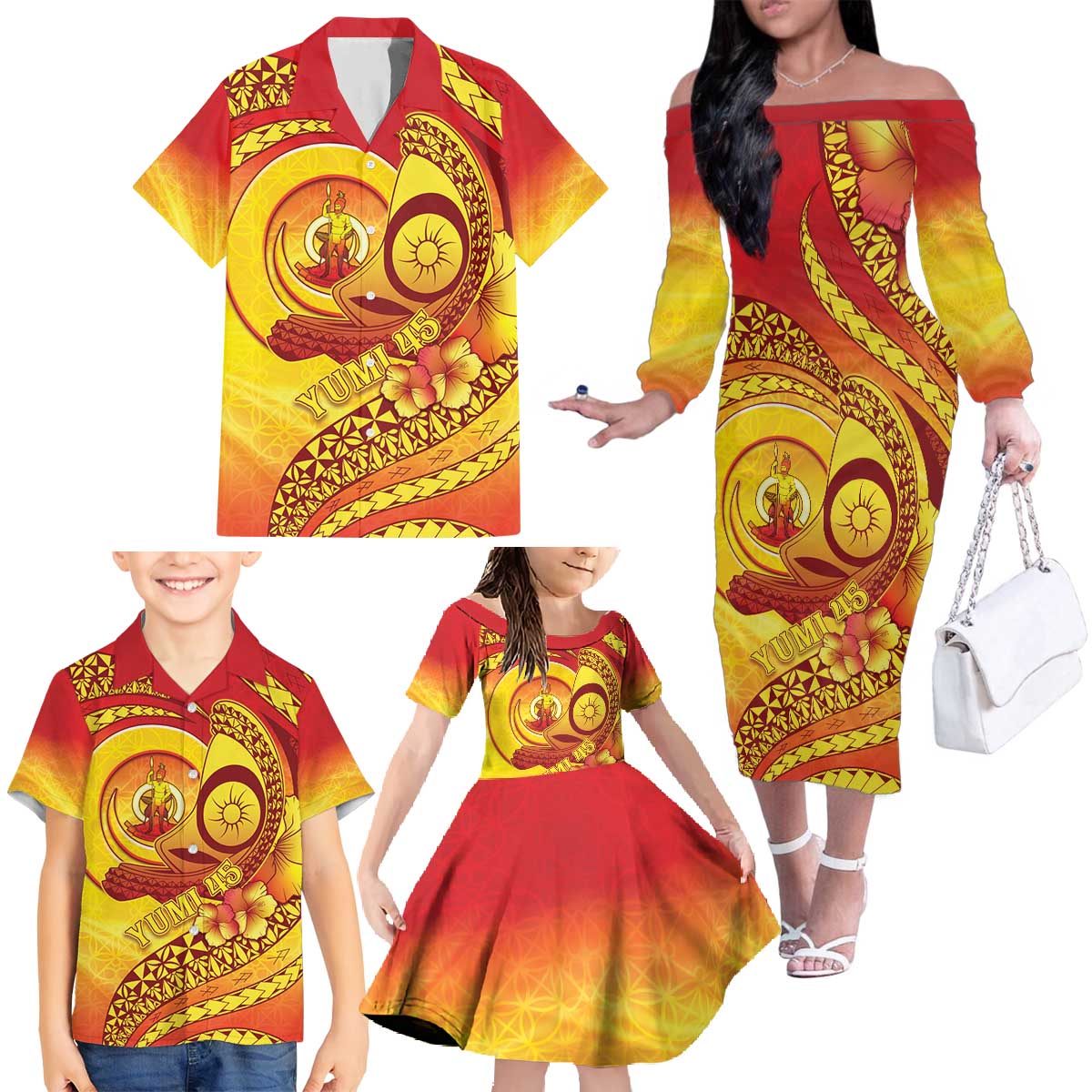 Vanuatu 45 Yia Indipendens Anivesari Family Matching Off The Shoulder Long Sleeve Dress and Hawaiian Shirt Tamtam Drum With Boar Tusk LT05 - Polynesian Pride