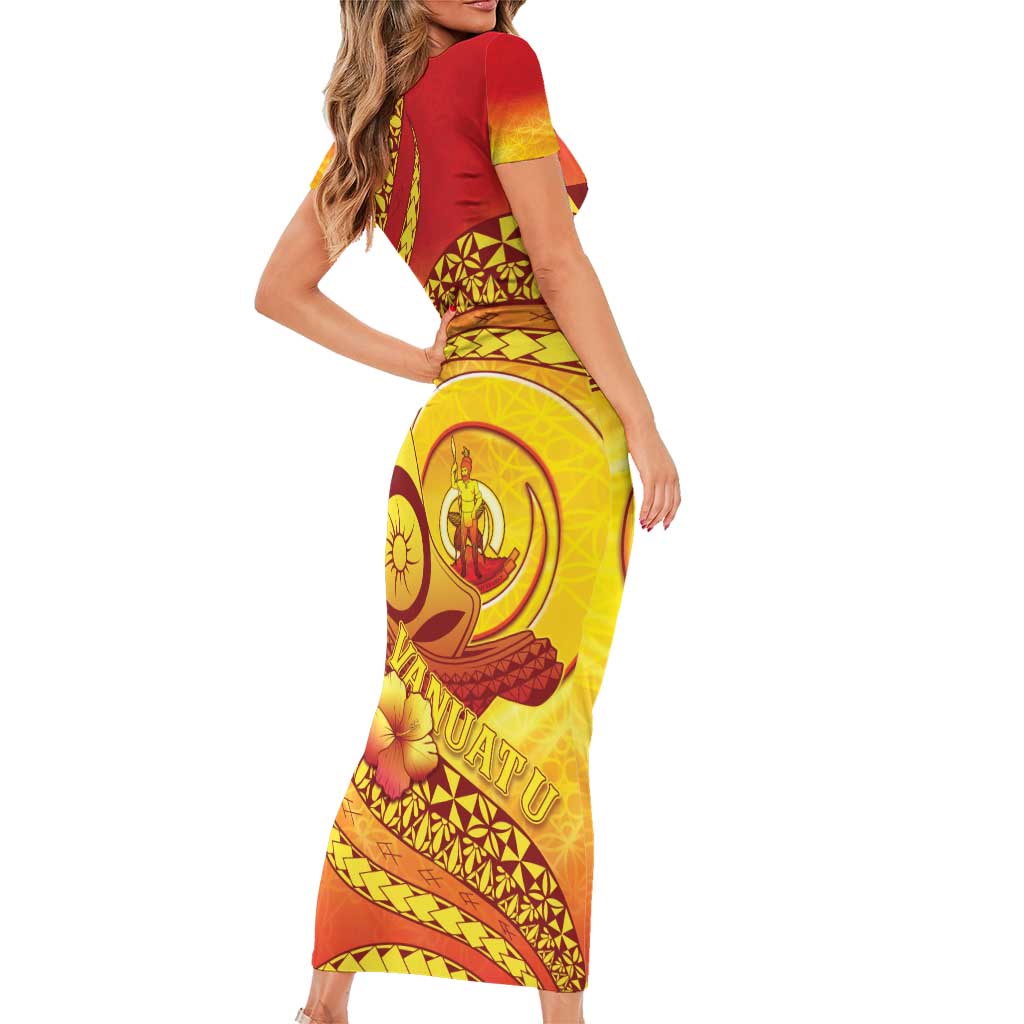 Vanuatu 45 Yia Indipendens Anivesari Family Matching Short Sleeve Bodycon Dress and Hawaiian Shirt Tamtam Drum With Boar Tusk - Polynesian Pride