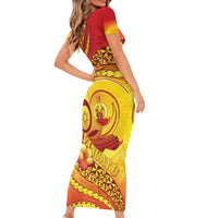 Vanuatu 45 Yia Indipendens Anivesari Family Matching Short Sleeve Bodycon Dress and Hawaiian Shirt Tamtam Drum With Boar Tusk - Polynesian Pride