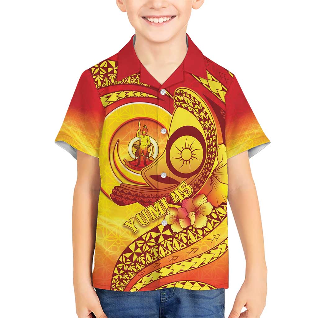 Vanuatu 45 Yia Indipendens Anivesari Kid Hawaiian Shirt Tamtam Drum With Boar Tusk - Polynesian Pride