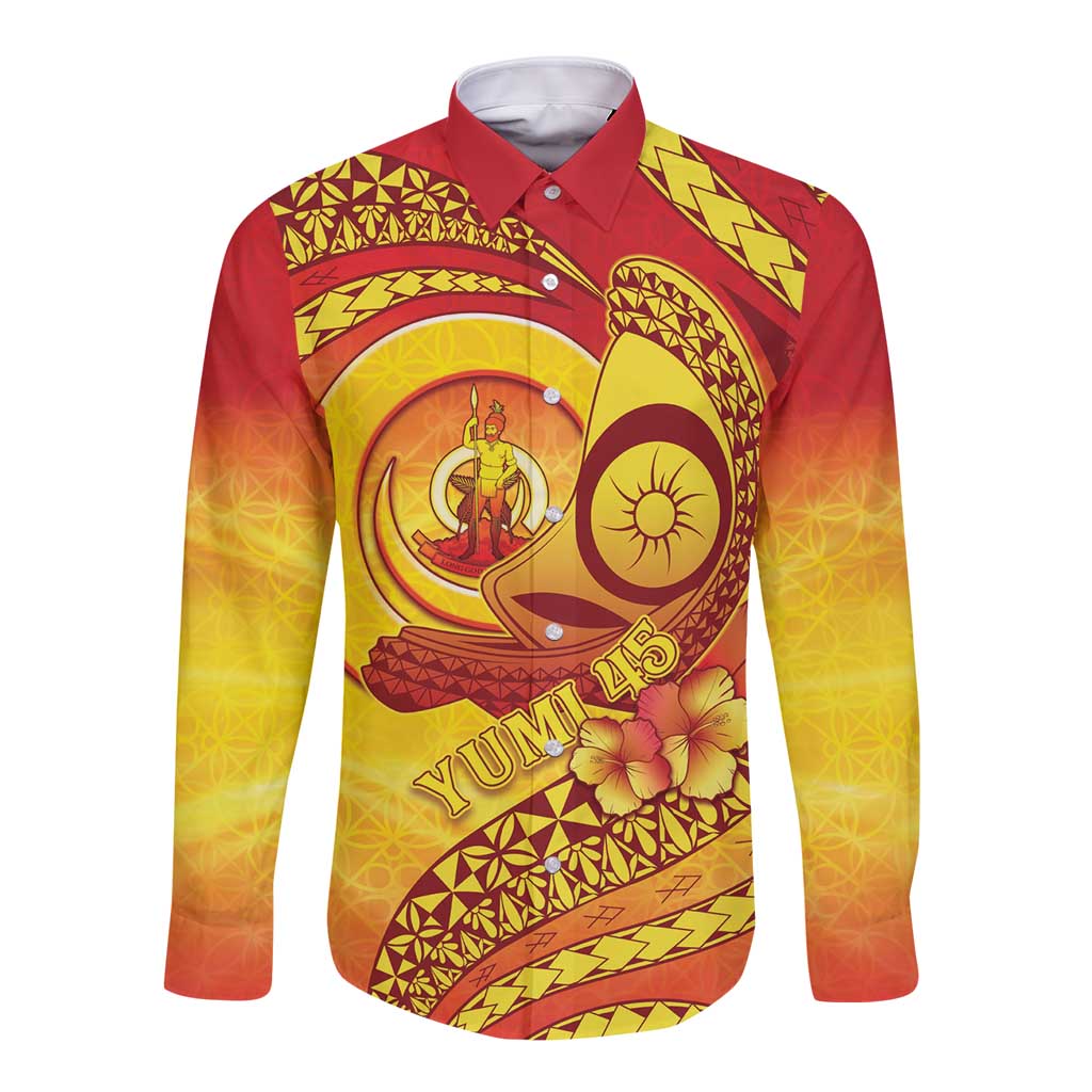 Vanuatu 45 Yia Indipendens Anivesari Long Sleeve Button Shirt Tamtam Drum With Boar Tusk LT05 Unisex Yellow - Polynesian Pride