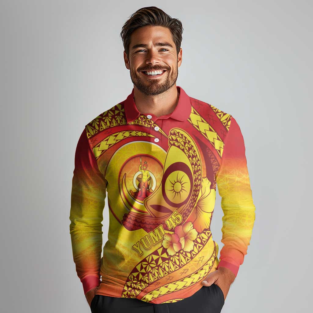 Vanuatu 45 Yia Indipendens Anivesari Long Sleeve Polo Shirt Tamtam Drum With Boar Tusk - Polynesian Pride