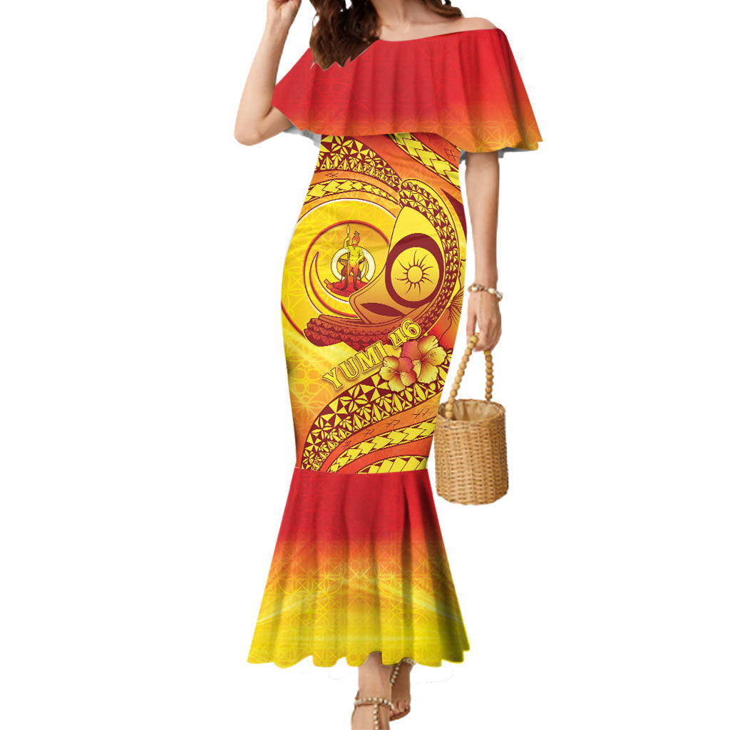Vanuatu 46 Yia Indipendens Anivesari Mermaid Dress Tamtam Drum With Boar Tusk LT05 Women Yellow - Polynesian Pride