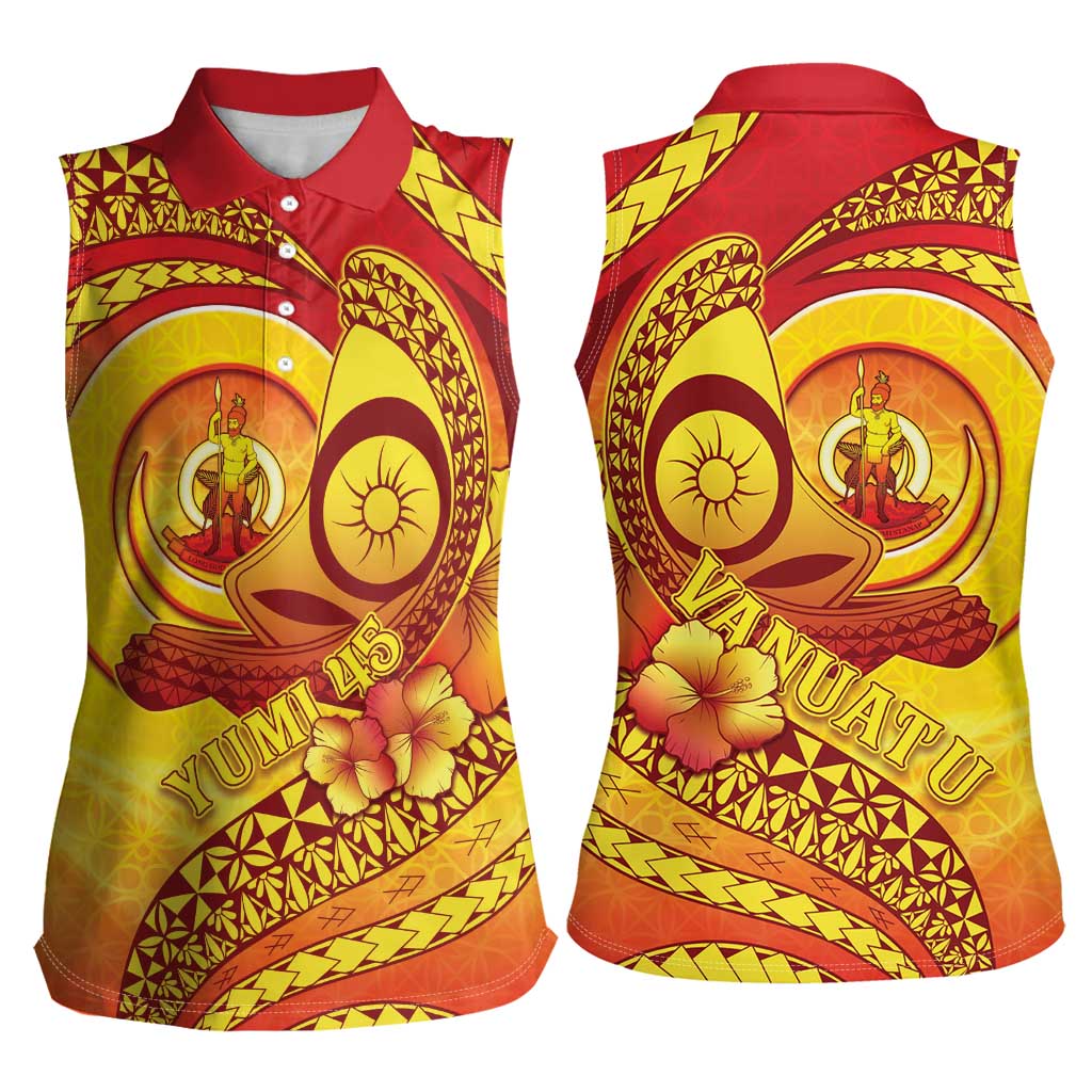 Vanuatu 45 Yia Indipendens Anivesari Women Sleeveless Polo Shirt Tamtam Drum With Boar Tusk - Polynesian Pride