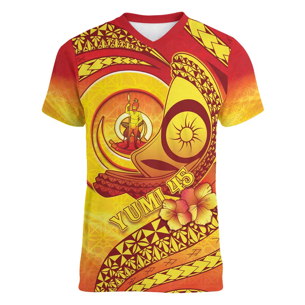 Vanuatu 45 Yia Indipendens Anivesari Women V-Neck T-Shirt Tamtam Drum With Boar Tusk - Polynesian Pride