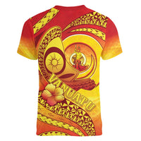 Vanuatu 45 Yia Indipendens Anivesari Women V-Neck T-Shirt Tamtam Drum With Boar Tusk - Polynesian Pride