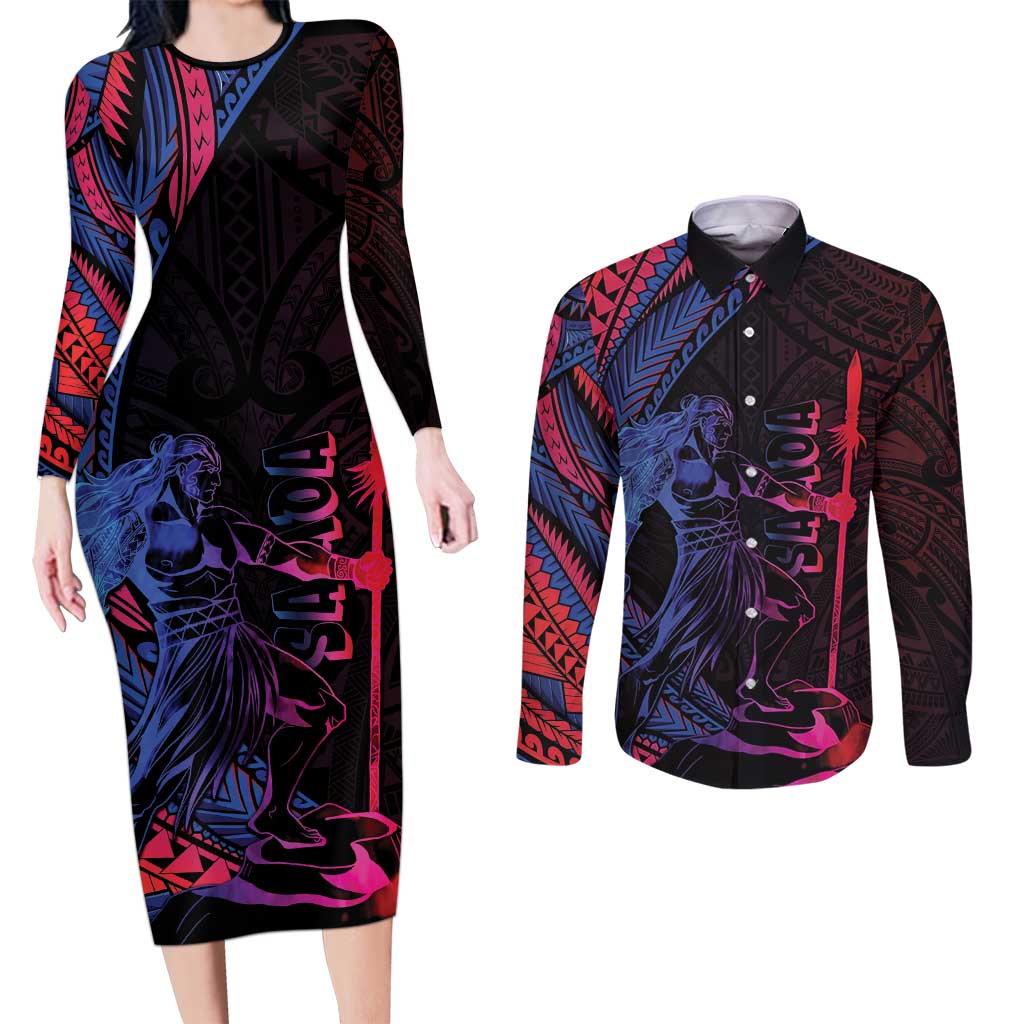 Samoan Pride Couples Matching Long Sleeve Bodycon Dress and Long Sleeve Button Shirt The Tui Manua LT05 Black - Polynesian Pride