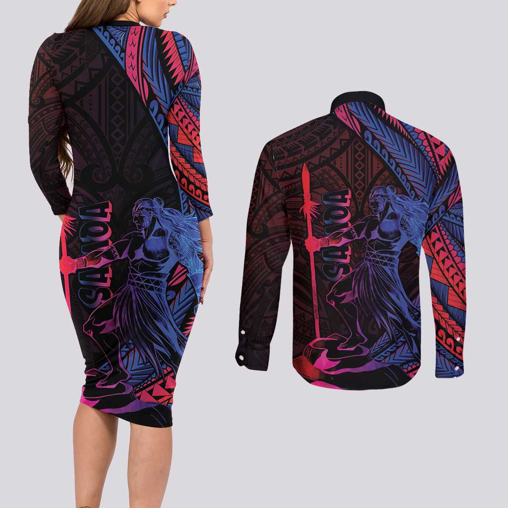 Samoan Pride Couples Matching Long Sleeve Bodycon Dress and Long Sleeve Button Shirt The Tui Manua LT05 - Polynesian Pride