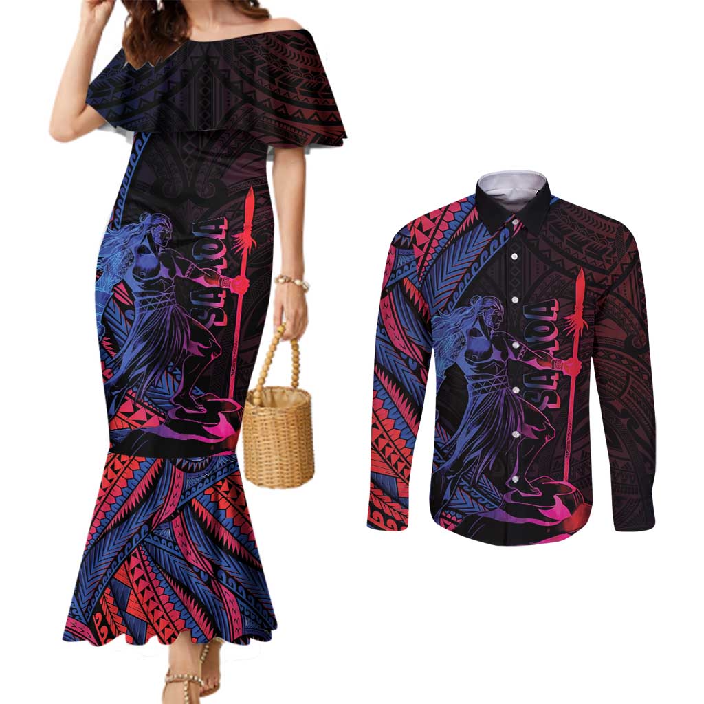 Samoan Pride Couples Matching Mermaid Dress and Long Sleeve Button Shirt The Tui Manua LT05 Black - Polynesian Pride