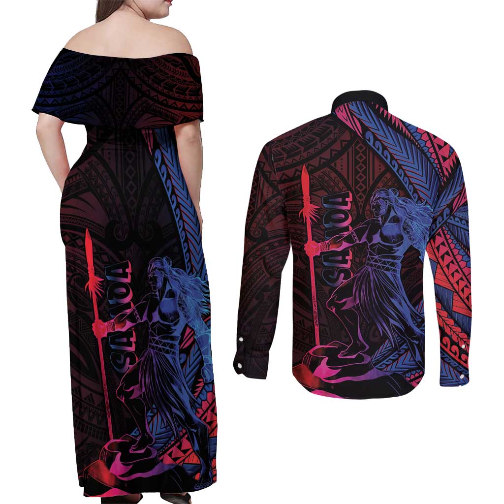 Samoan Pride Couples Matching Off Shoulder Maxi Dress and Long Sleeve Button Shirt The Tui Manua LT05 - Polynesian Pride