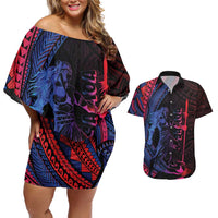 Samoan Pride Couples Matching Off Shoulder Short Dress and Hawaiian Shirt The Tui Manua LT05 Black - Polynesian Pride