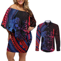 Samoan Pride Couples Matching Off Shoulder Short Dress and Long Sleeve Button Shirt The Tui Manua LT05 Black - Polynesian Pride