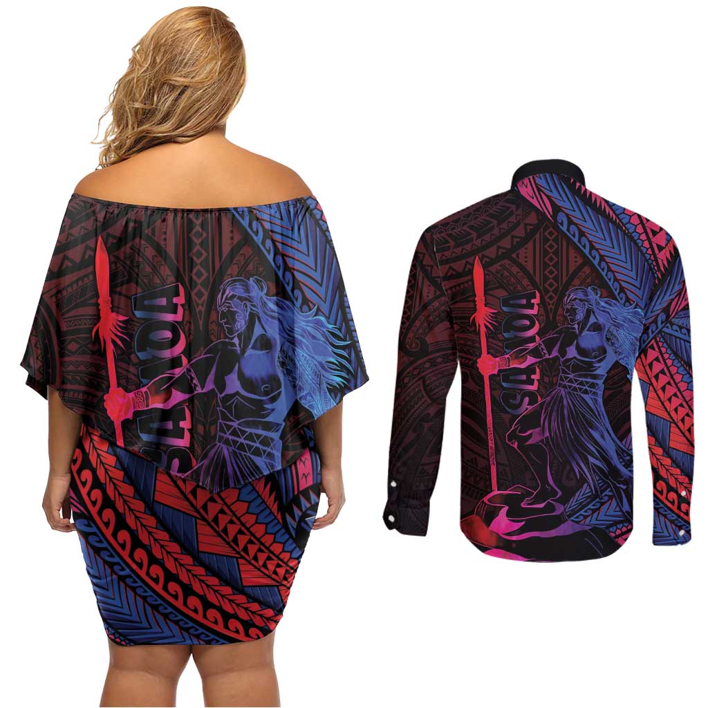Samoan Pride Couples Matching Off Shoulder Short Dress and Long Sleeve Button Shirt The Tui Manua LT05 - Polynesian Pride