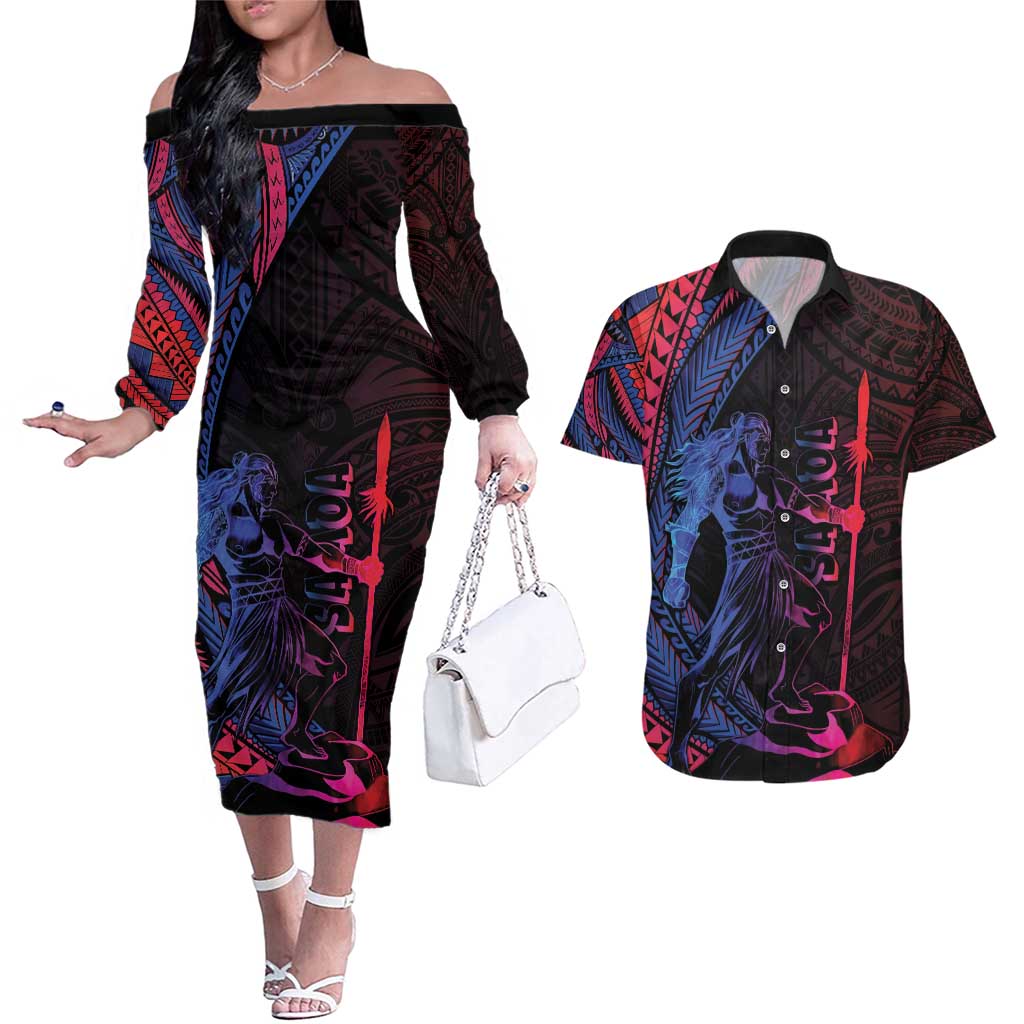 Samoan Pride Couples Matching Off The Shoulder Long Sleeve Dress and Hawaiian Shirt The Tui Manua LT05 Black - Polynesian Pride