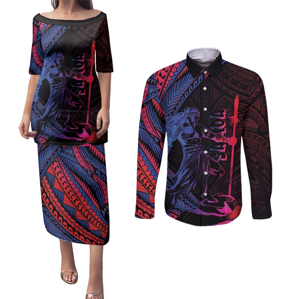 Samoan Pride Couples Matching Puletasi and Long Sleeve Button Shirt The Tui Manua LT05 Black - Polynesian Pride