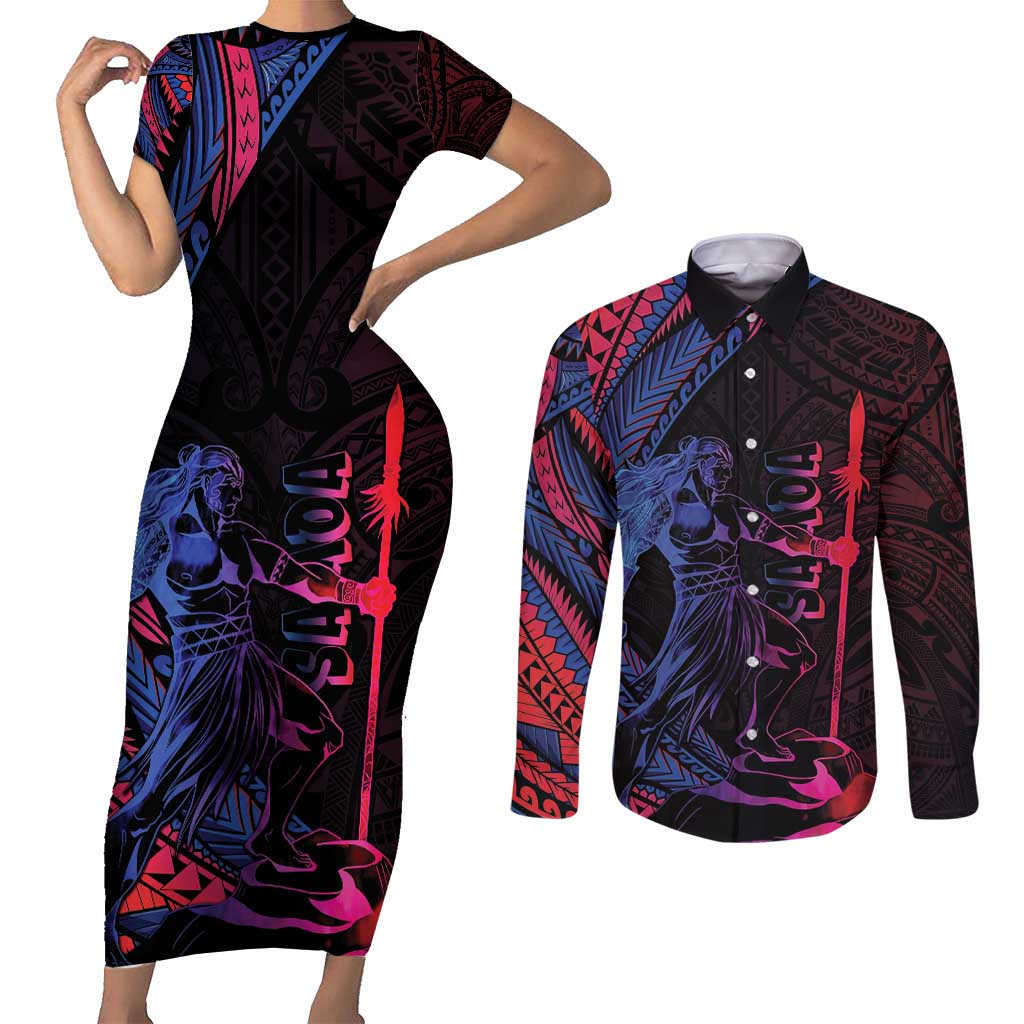 Samoan Pride Couples Matching Short Sleeve Bodycon Dress and Long Sleeve Button Shirt The Tui Manua LT05 Black - Polynesian Pride