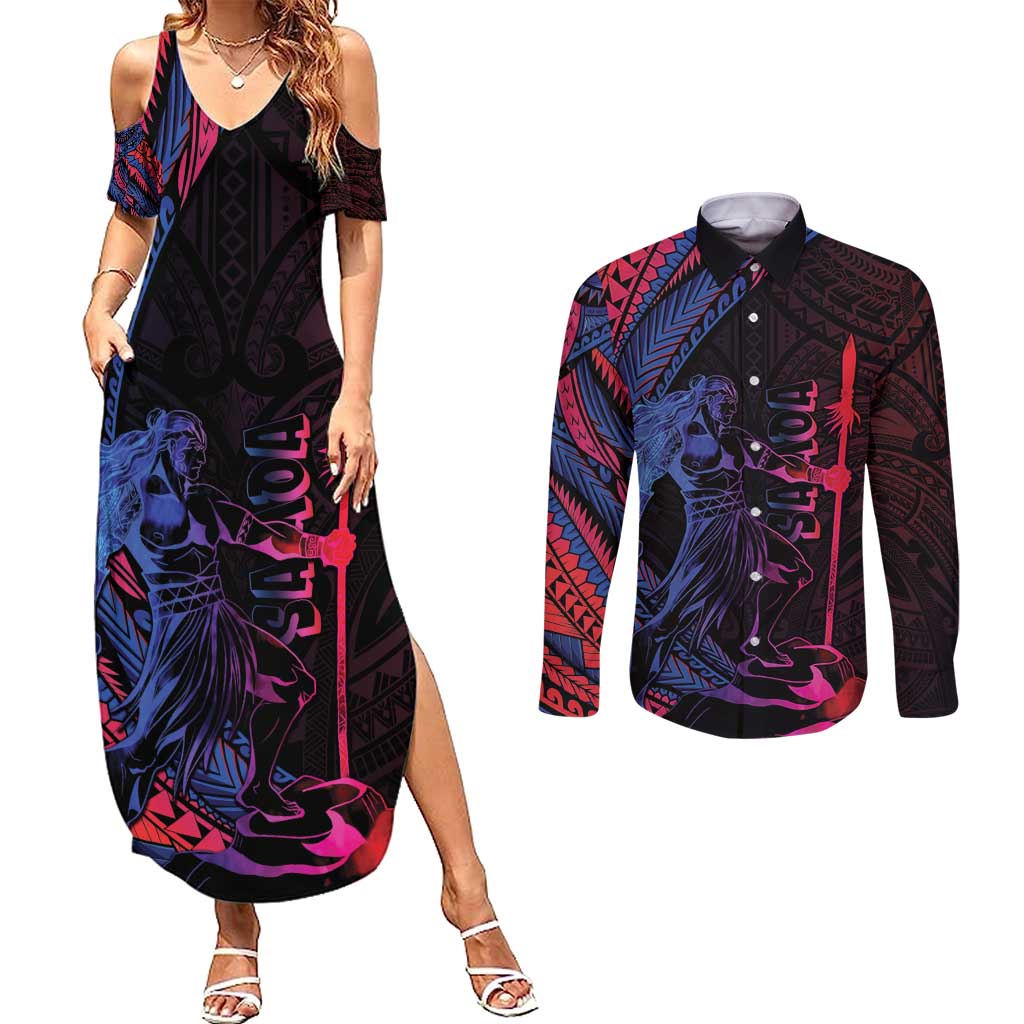 Samoan Pride Couples Matching Summer Maxi Dress and Long Sleeve Button Shirt The Tui Manua LT05 Black - Polynesian Pride