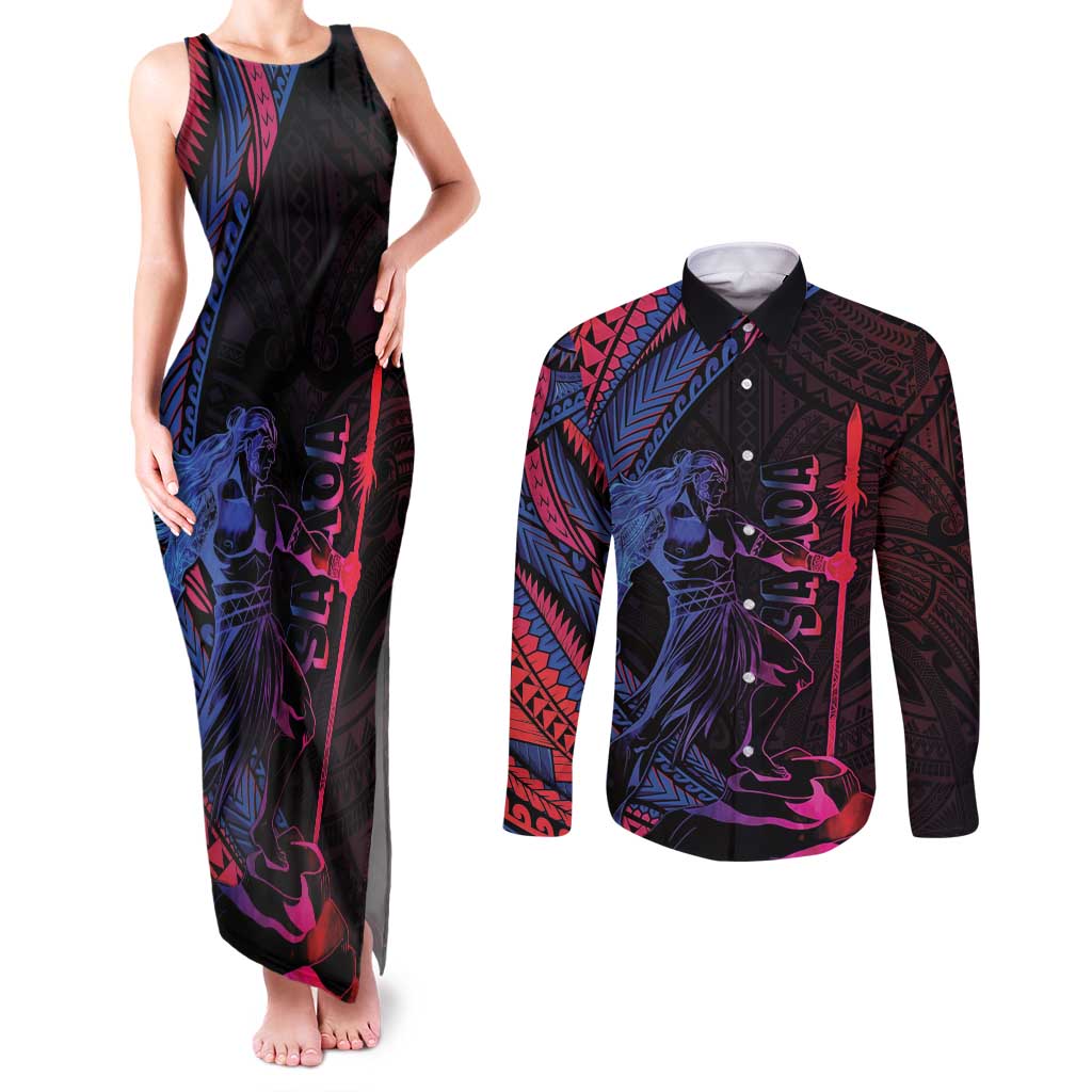 Samoan Pride Couples Matching Tank Maxi Dress and Long Sleeve Button Shirt The Tui Manua LT05 Black - Polynesian Pride