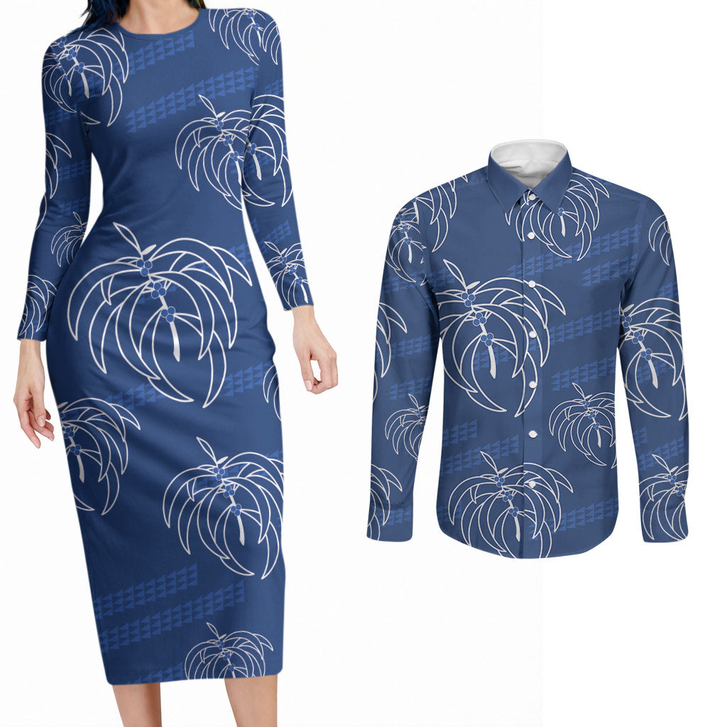 Aloha Hawaii Acacia Koa Leaves Couples Matching Long Sleeve Bodycon Dress and Long Sleeve Button Shirt Navy Kakau Tribal Pattern