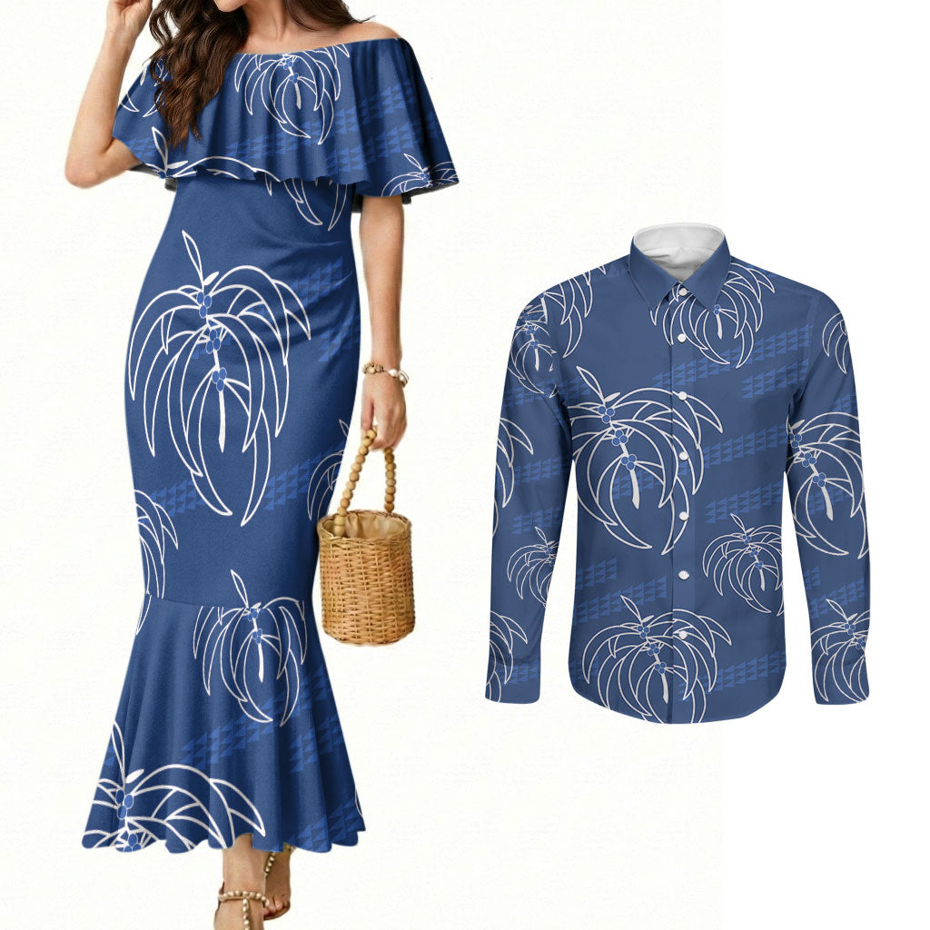 Aloha Hawaii Acacia Koa Leaves Couples Matching Mermaid Dress and Long Sleeve Button Shirt Navy Kakau Tribal Pattern LT05 Navy - Polynesian Pride