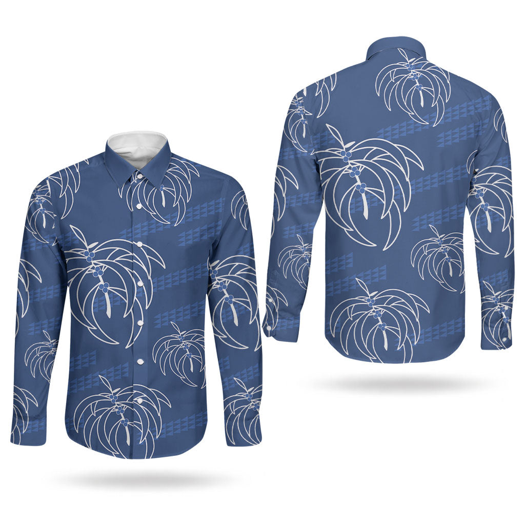 Aloha Hawaii Acacia Koa Leaves Couples Matching Mermaid Dress and Long Sleeve Button Shirt Navy Kakau Tribal Pattern LT05 - Polynesian Pride