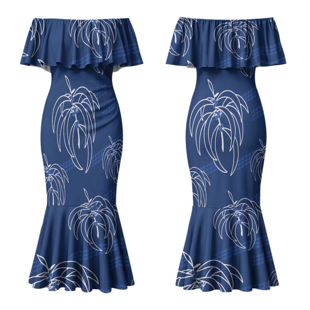 Aloha Hawaii Acacia Koa Leaves Couples Matching Mermaid Dress and Long Sleeve Button Shirt Navy Kakau Tribal Pattern LT05 - Polynesian Pride