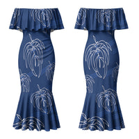 Aloha Hawaii Acacia Koa Leaves Couples Matching Mermaid Dress and Long Sleeve Button Shirt Navy Kakau Tribal Pattern LT05 - Polynesian Pride