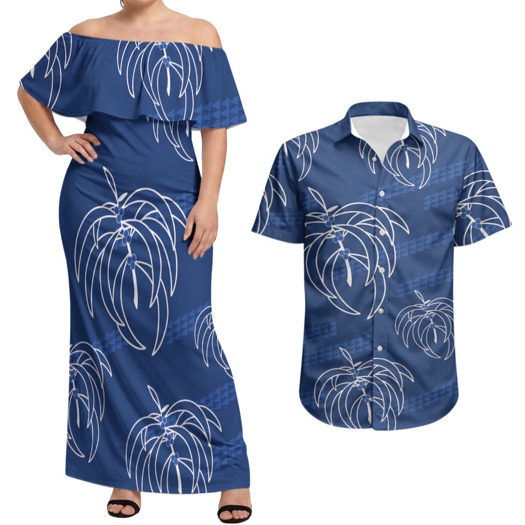 Aloha Hawaii Acacia Koa Leaves Couples Matching Off Shoulder Maxi Dress and Hawaiian Shirt Navy Kakau Tribal Pattern
