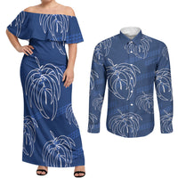 Aloha Hawaii Acacia Koa Leaves Couples Matching Off Shoulder Maxi Dress and Long Sleeve Button Shirt Navy Kakau Tribal Pattern LT05 Navy - Polynesian Pride
