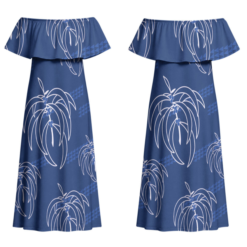 Aloha Hawaii Acacia Koa Leaves Couples Matching Off Shoulder Maxi Dress and Long Sleeve Button Shirt Navy Kakau Tribal Pattern LT05 - Polynesian Pride