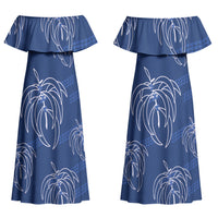 Aloha Hawaii Acacia Koa Leaves Couples Matching Off Shoulder Maxi Dress and Long Sleeve Button Shirt Navy Kakau Tribal Pattern LT05 - Polynesian Pride