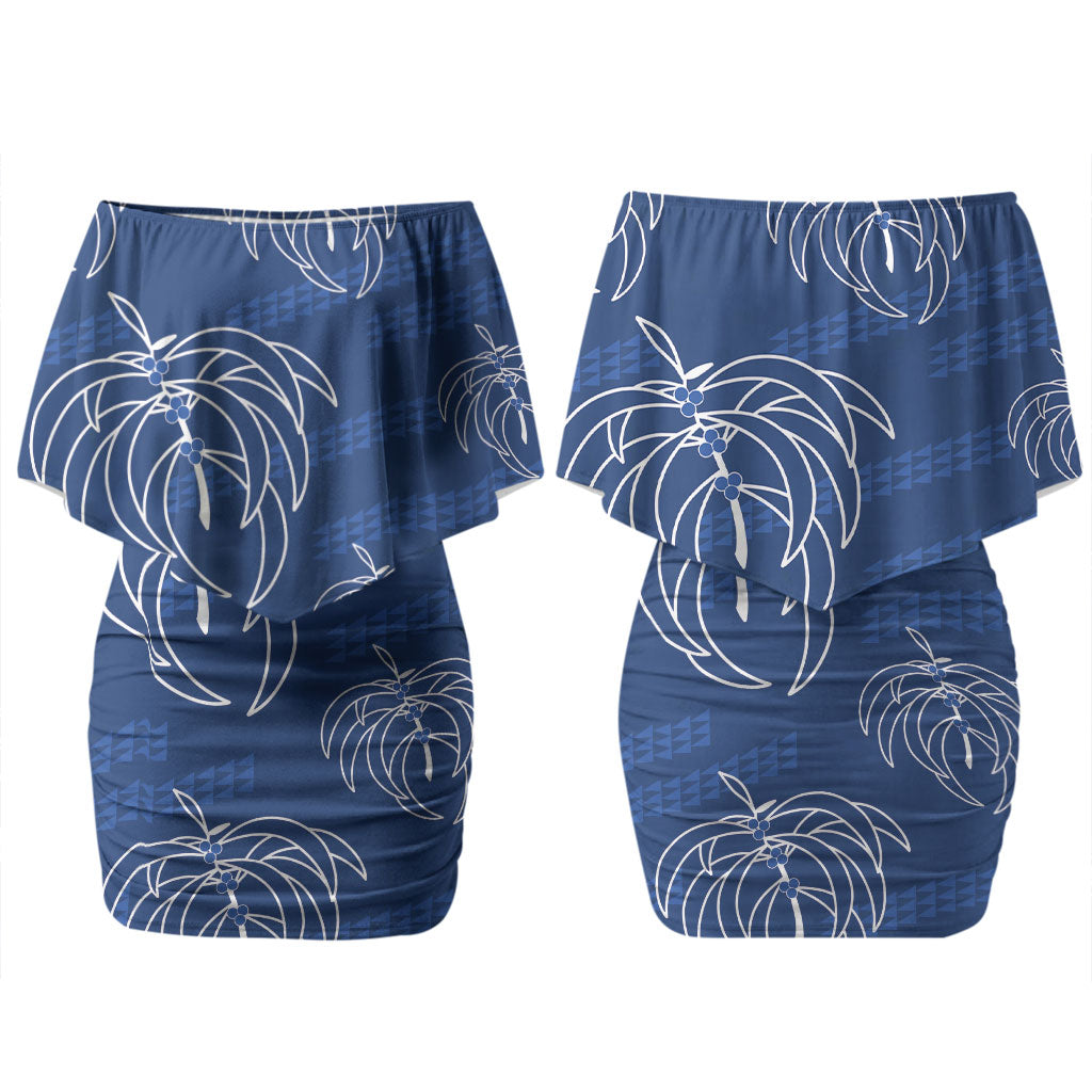 Aloha Hawaii Acacia Koa Leaves Couples Matching Off Shoulder Short Dress and Long Sleeve Button Shirt Navy Kakau Tribal Pattern LT05 - Polynesian Pride