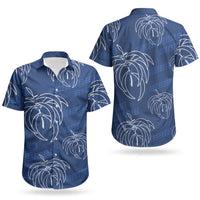 Aloha Hawaii Acacia Koa Leaves Couples Matching Off The Shoulder Long Sleeve Dress and Hawaiian Shirt Navy Kakau Tribal Pattern LT05 - Polynesian Pride