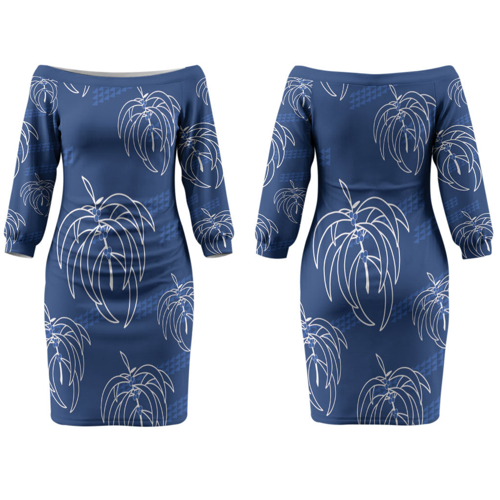 Aloha Hawaii Acacia Koa Leaves Couples Matching Off The Shoulder Long Sleeve Dress and Hawaiian Shirt Navy Kakau Tribal Pattern LT05 - Polynesian Pride