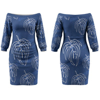 Aloha Hawaii Acacia Koa Leaves Couples Matching Off The Shoulder Long Sleeve Dress and Hawaiian Shirt Navy Kakau Tribal Pattern LT05 - Polynesian Pride