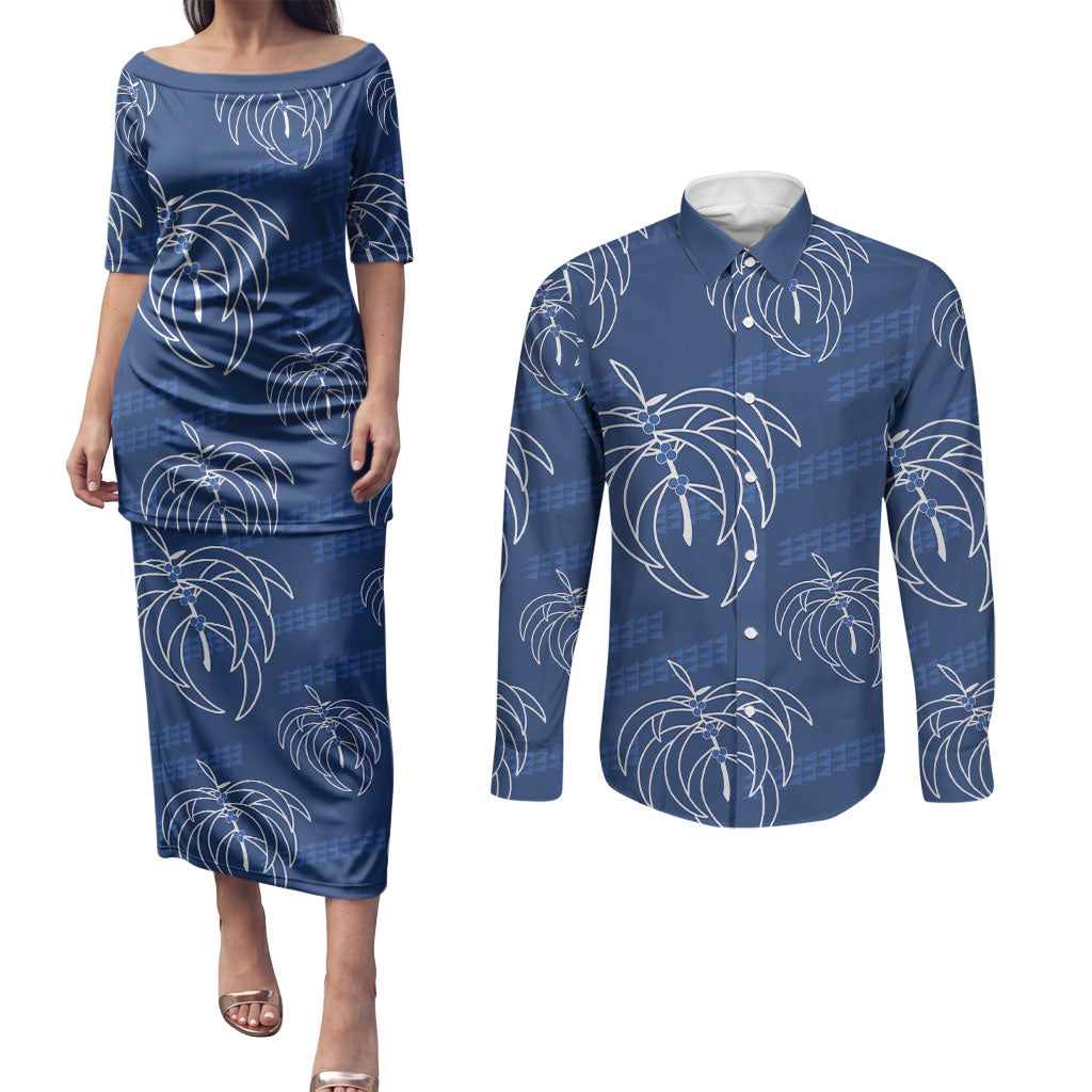 Aloha Hawaii Acacia Koa Leaves Couples Matching Puletasi and Long Sleeve Button Shirt Navy Kakau Tribal Pattern LT05 Navy - Polynesian Pride
