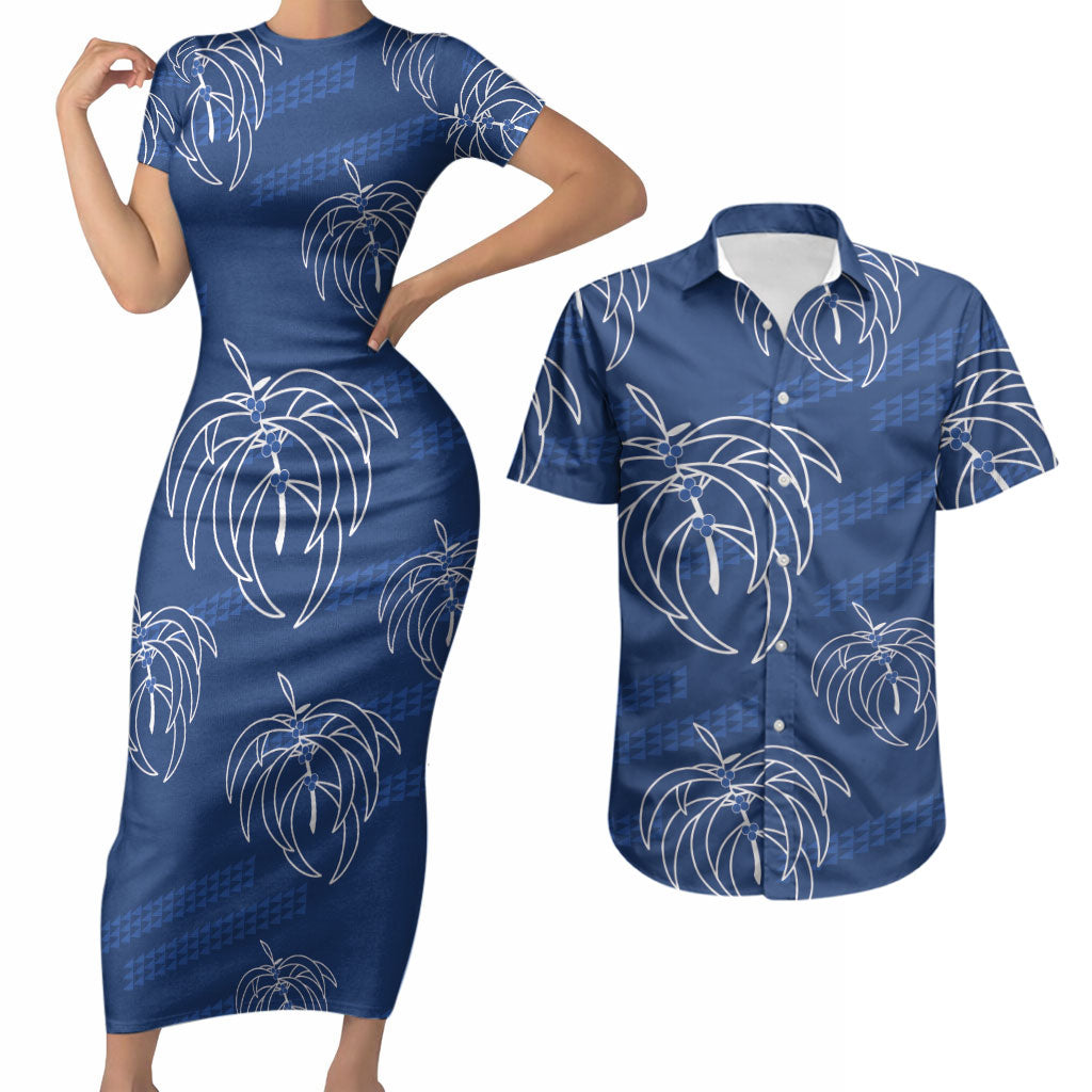 Aloha Hawaii Acacia Koa Leaves Couples Matching Short Sleeve Bodycon Dress and Hawaiian Shirt Navy Kakau Tribal Pattern LT05 Navy - Polynesian Pride