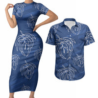 Aloha Hawaii Acacia Koa Leaves Couples Matching Short Sleeve Bodycon Dress and Hawaiian Shirt Navy Kakau Tribal Pattern LT05 Navy - Polynesian Pride