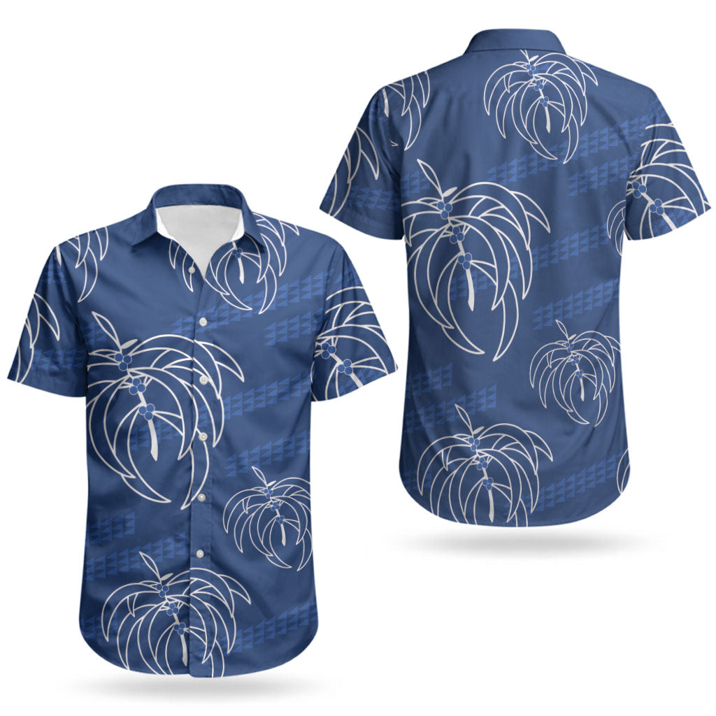 Aloha Hawaii Acacia Koa Leaves Couples Matching Short Sleeve Bodycon Dress and Hawaiian Shirt Navy Kakau Tribal Pattern LT05 - Polynesian Pride